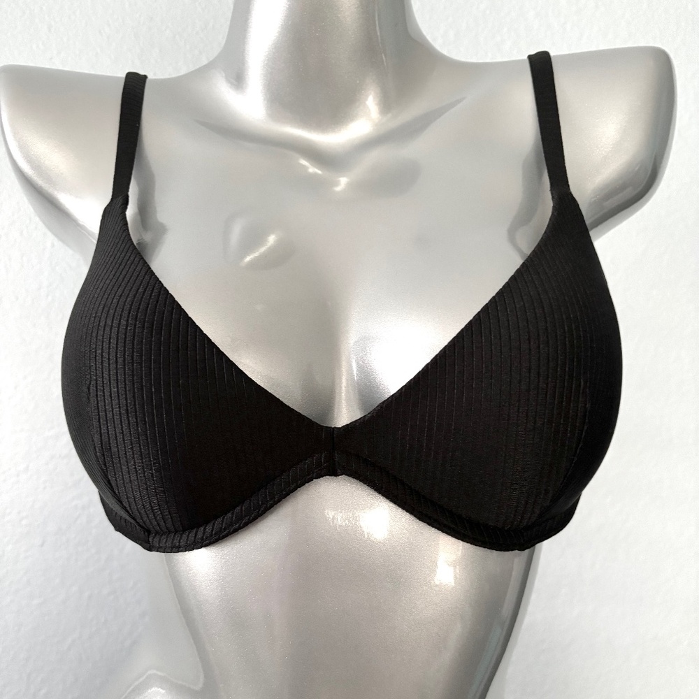 PINK Victorias Secret Swim Bikini Top Black Ribbed Scoop Push Up Nwt